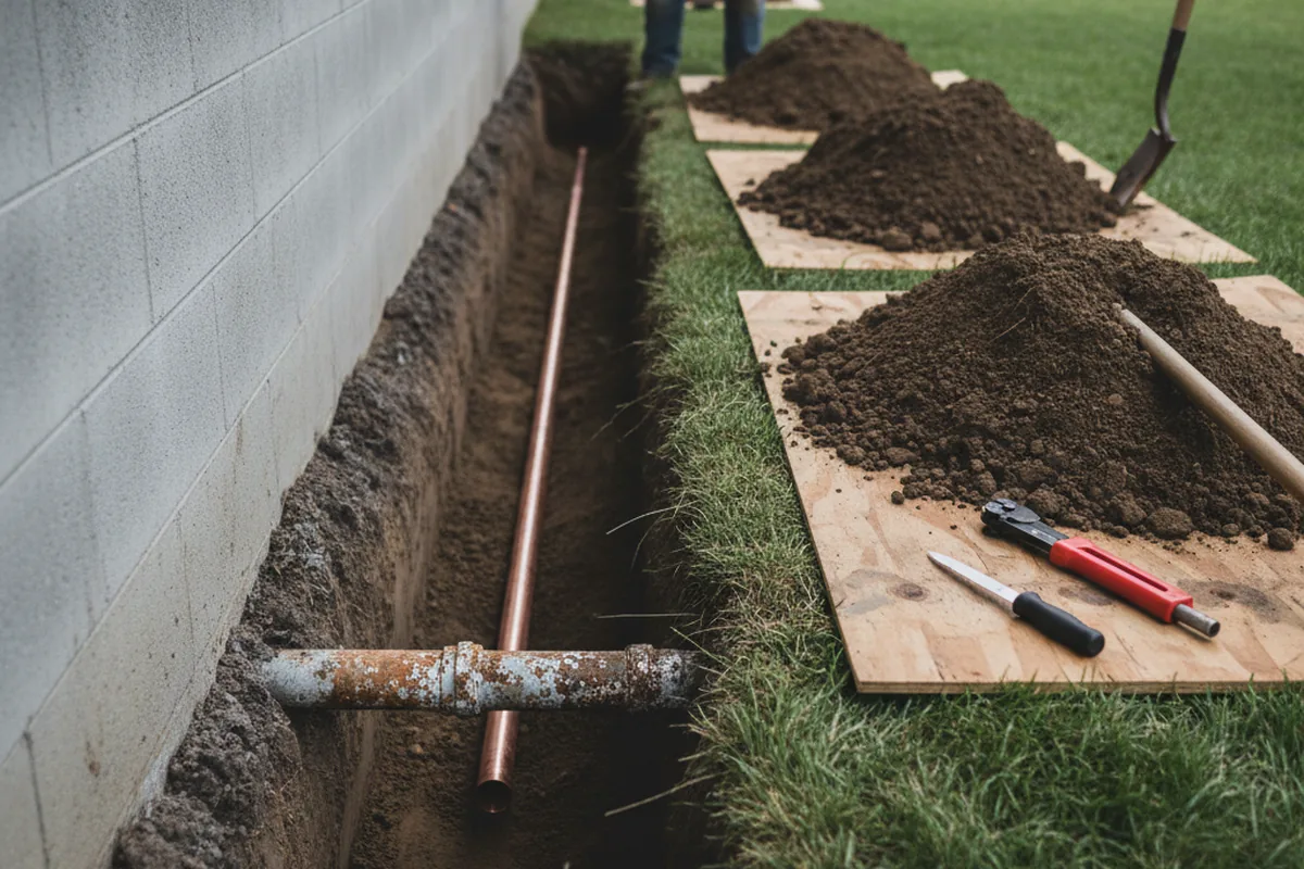 Excavated water line trench during Sewer Line Repair in Higganum